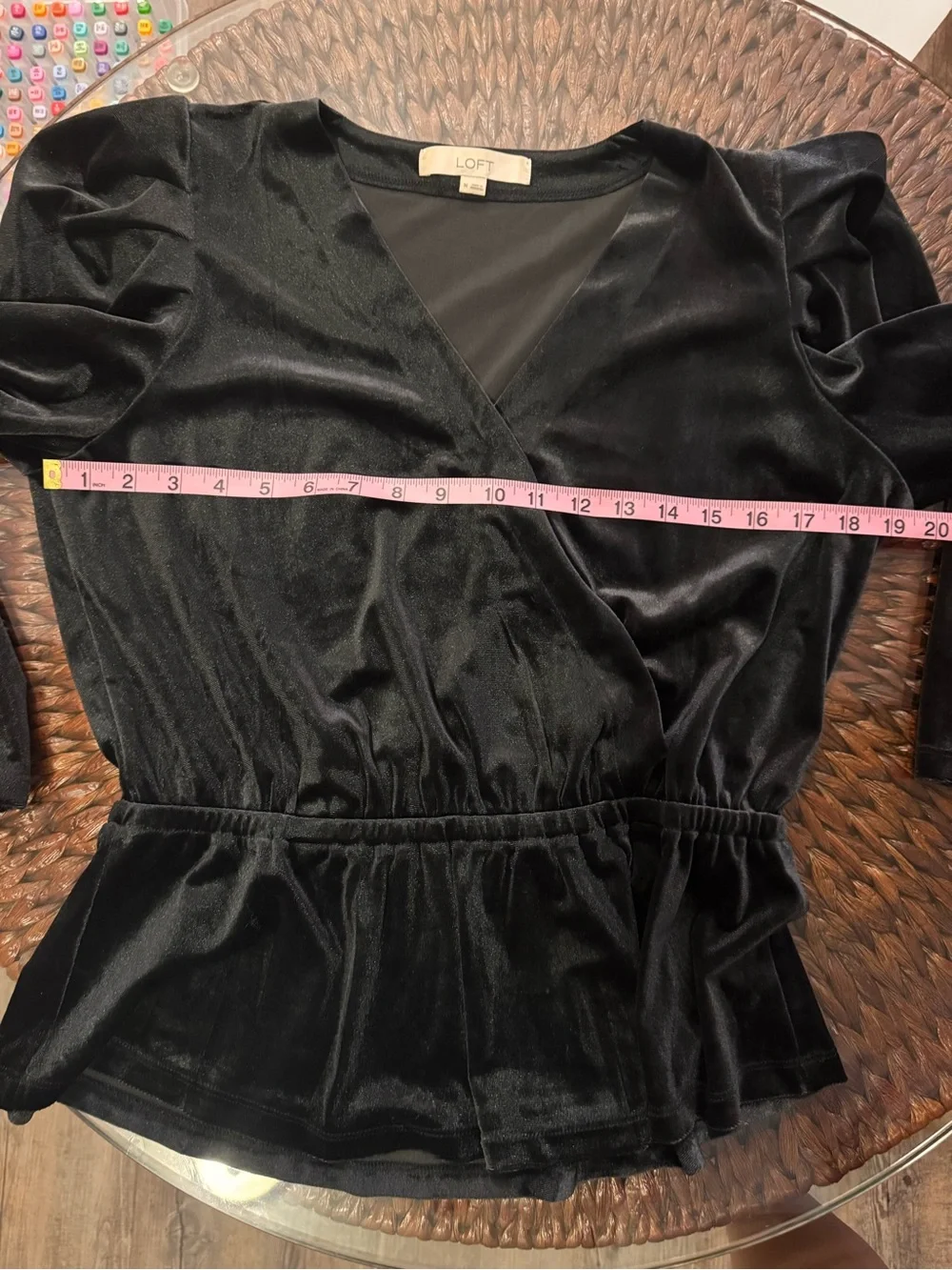 LOFT Black Velvet Peplum Top With Puff Sleeves - size medium